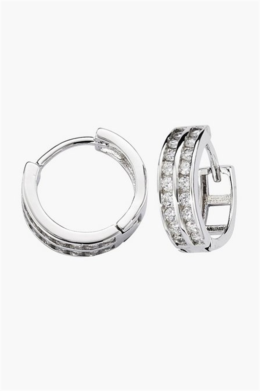 Sterling Silver Double Row CZ Huggie Earrings